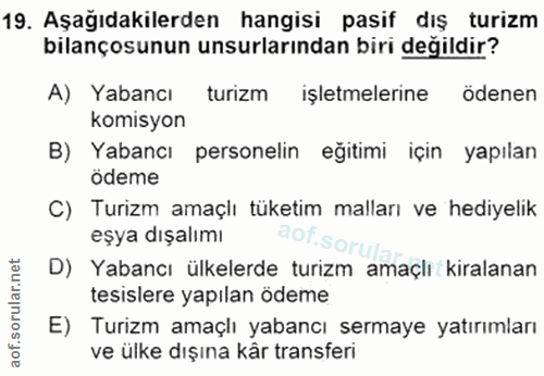 19. soru: Aşağıdakilerden hangisi pasif dış turizm bilançosunun unsurlarından biri değildir? A) Yabancı turizm işletmelerine öd…