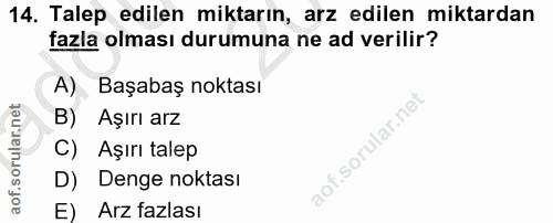 14. soru: Talep edilen miktarın, arz edilen miktardan fazla olması durumuna ne ad verilir? A) Başabaş noktası B) Aşırı arz C) A…