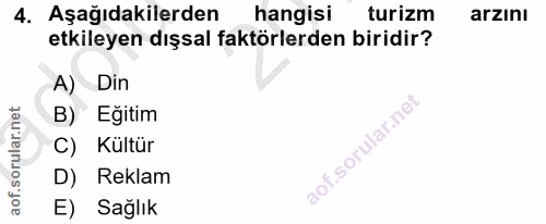 4. soru: Aşağıdakilerden hangisi turizm arzını etkileyen dışsal faktörlerden biridir? A) Din B) Eğitim C) Kültür D) Reklam E)…