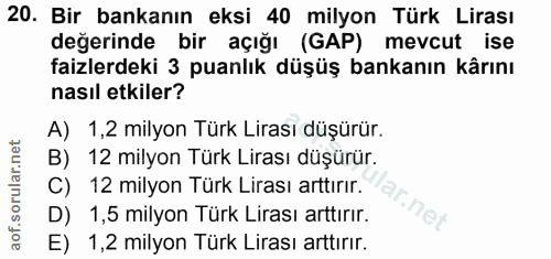 20. soru: Bir bankanın eksi 40 milyon Türk Lirası değerinde bir açığı (GAP) mevcut ise faizlerdeki 3 puanlık düşüş bankanın kâr…