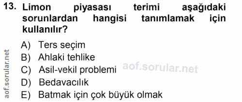 13. soru: Limon piyasası terimi aşağıdaki sorunlardan hangisi tanimlamak için kullanılır? A) Ters seçim B) Ahlaki tehlike c) As…