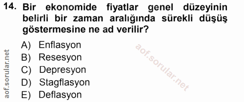 14. soru: Bir ekonomide fiyatlar genel düzeyinin belirli bir zaman aralığında sürekli düşüş göstermesine ne ad verilir? A) Enfl…
