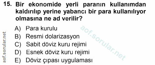 15. soru: Bir ekonomide yerli paranın kullanımdan kaldırılıp yerine yabancı bir para kullanılıyor olmasına ne ad verilir? A) Pa…