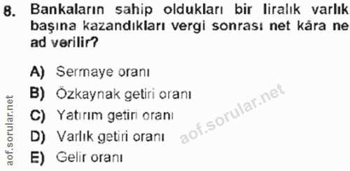 8. soru: Bankaların sahip oldukları bir liralık varlık başına kazandıkları vergi sonrası net kára ne ad verilir? A) Sermaye or…
