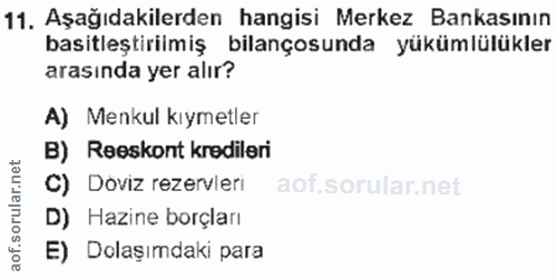 11. soru: Aşağıdakilerden hangisi Merkez Bankasının basitleştirilmiş bilançosunda yükümlülükler arasında yer alır? A) Menkul kı…