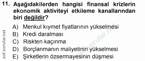 11. soru: Aşağıdakilerden hangisi finansal krizlerin ekonomik aktiviteyi etkileme kanallarından biri değildir? A) Menkul kıymet…