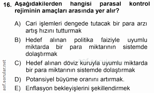 16. soru: Aşağıdakılerden hangisı parasal kontrol rejiminin amaçları arasında yer alır? A) Cari işlemleri dengede tutacak bir p…