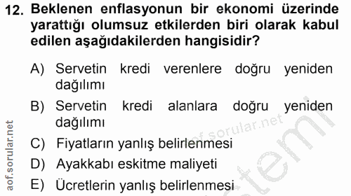 12. soru: Beklenen enflasyonun bir ekonomi üzerinde yarattığı olumsuz etkilerden biri olarak kabul edilen aşağıdakilerden hangi…