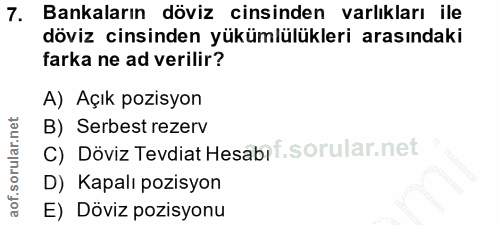 7. soru: Bankaların döviz cinsinden varlıkları ile döviz cinsinden yükümlülükleri arasındaki farka ne ad verilir? A) Açık pozi…