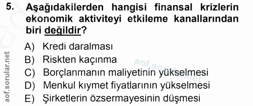 5. soru: Aşağıdakilerden hangisi finansal krizlerin ekonomik aktiviteyi etkileme kanallarından biri değildir? A) Kredi daralma…