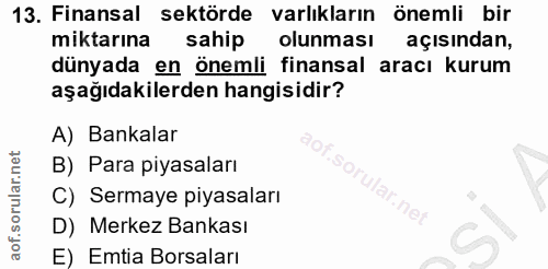 13. soru: Finansal sektörde varlıkların önemli bir miktarına sahip olunması açısından, dünyada en önemli finansal aracı kurum a…