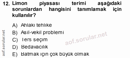 12. soru: Limon piyasası terimi aşağıdaki sorunlardan hangisini tanımlamak için kullanılır? A) Ahlakı tehlıke B) Asil-vekil pro…