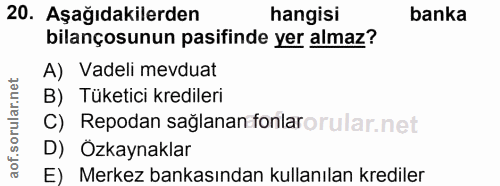 20. soru: Aşağıdakilerden hangisi banka bilançosunun pasifinde yer almaz? A) Vadeli mevduat B) Tüketici kredileri C) Repodan sa…
