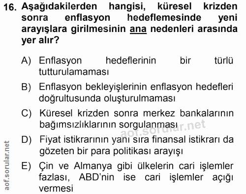 16. soru: Aşağıdakilerden hangisi, küresel krizden sonra enflasyon hedeflemesinde yeni arayışlara girilmesinin ana nedenleri ar…