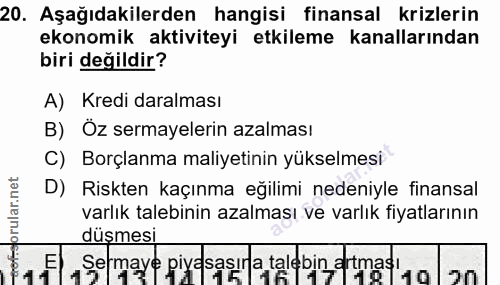 20. soru: Aşağıdakilerden hangisi finansal krizlerin ekonomik aktiviteyi etkileme kanallarından biri değildir? A) Kredi daralma…
