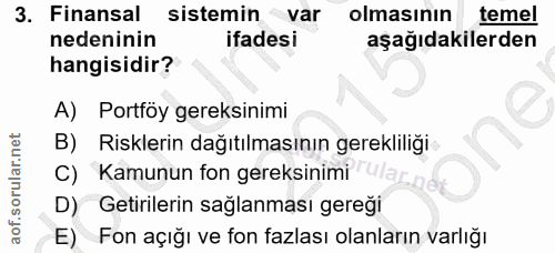 3. soru: Finansal sistemin var olmasının temel nedeninin ifadesi aşağıdakilerden hangisidir? A) Portföy gereksinimi B) Riskler…