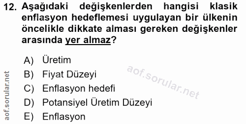 12. soru: Aşağıdaki değişkenlerden hangisi klasik enflasyon hedeflemesi uygulayan bir ülkenin öncelikle dikkate alması gereken…