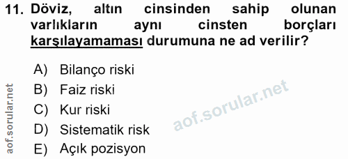 11. soru: Döviz, altin cinsinden sahip olunan varlıkların aynı cinsten borçları karşılayamaması durumuna ne ad verilir? A) Bila…