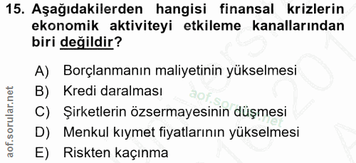 15. soru: Aşağıdakilerden hangisi finansal krizlerin ekonomik aktiviteyi etkileme kanallarından biri değildir? A) Borçlanmanın…