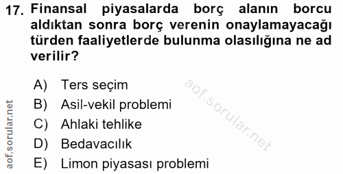 17. soru: Finansal piyasalarda borç alanın borcu aldıktan sonra borç verenin onaylamayacağı türden faaliyetlerde bulunma olasıl…