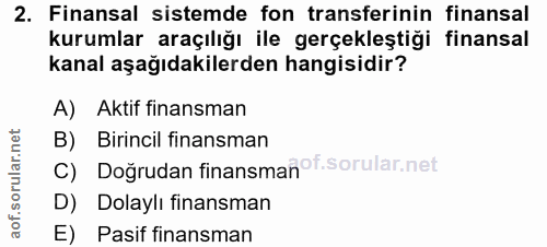 2. soru: Finansal sistemde fon transferinin finansal kurumlar araçılığı ile gerçekleştiği finansal kanal aşağıdakilerden hangi…