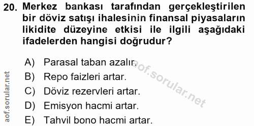 20. soru: Merkez bankası tarafından gerçekleştirilen bir döviz satışı ihalesinin finansal piyasaların likidite düzeyine etkisi…