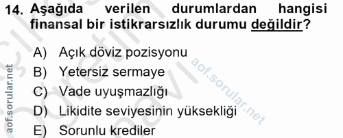 14. soru: Aşağıda verilen durumlardan hangisi finansal bir istikrarsızlık durumu değildir? A) Açık döviz pozisyonu B) Yetersiz…