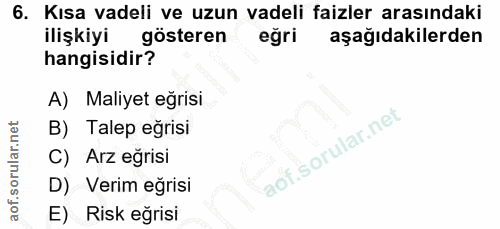 6. soru: Kısa vadeli ve uzun vadeli faizler arasındaki ilişkiyi gösteren eğri aşağıdakilerden hangisidir? A) Maliyet eğrisi B)…
