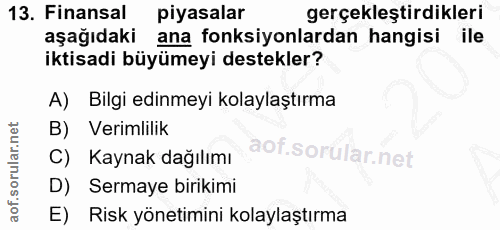 13. soru: Finansal piyasalar gerçekleştirdikleri aşağıdaki ana fonksiyonlardan hangisi ile iktisadi büyümeyi destekler? A) Bilg…