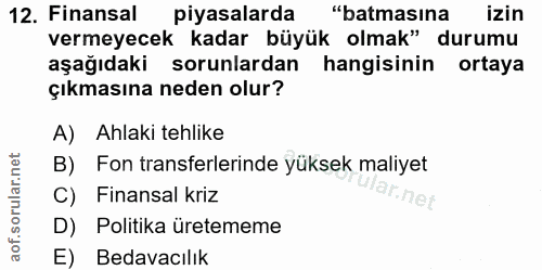 12. soru: Finansal piyasalarda "batmasına izin vermeyecek kadar büyük olmak" durumu aşağıdaki sorunlardan hangisinin ortaya çık…