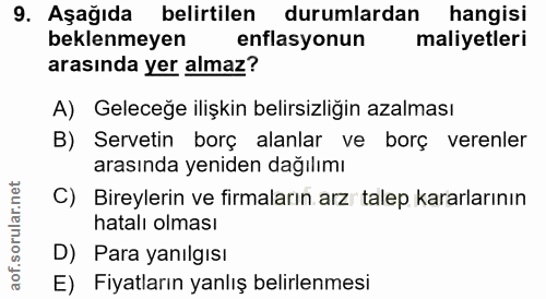 9. soru: Aşağıda belirtilen durumlardan hangisi beklenmeyen enflasyonun maliyetleri arasında yer almaz? A) Geleceğe ilişkin be…