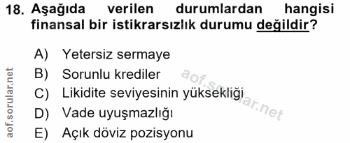 18. soru: Aşağıda verilen durumlardan hangisi finansal bir istikrarsızlık durumu değildir? A) Yetersiz sermaye B) Sorunlu kredi…
