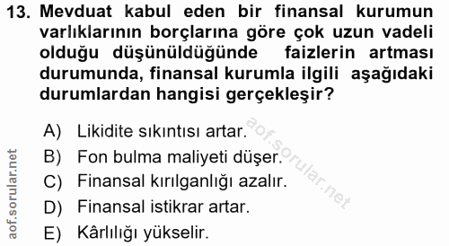 13. soru: Mevduat kabul eden bir finansal kurumun varlıklarının borçlarına göre çok uzun vadeli olduğu düşünüldüğünde faizlerin…