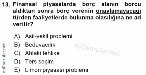 13. soru: Finansal piyasalarda borç alanın borcu aldıktan sonra borç verenin onaylamayacağı türden faaliyetlerde bulunma olasıl…