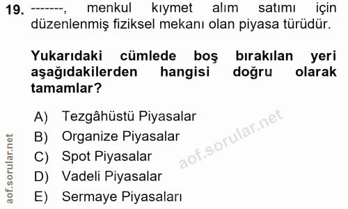 19. soru: - menkul kıymet alım satımı için düzenlenmiş fiziksel mekanı olan piyasa türüdür. Yukarıdaki cümlede boş bırakılan ye…