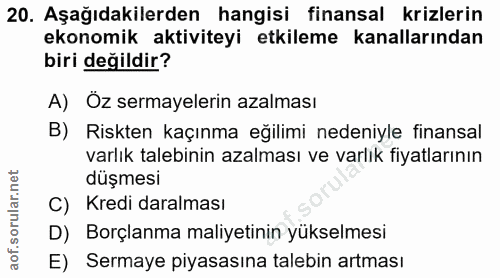 20. soru: Aşağıdakilerden hangisi finansal krizlerin ekonomik aktiviteyi etkileme kanallarından biri değildir? A) Öz sermayeler…