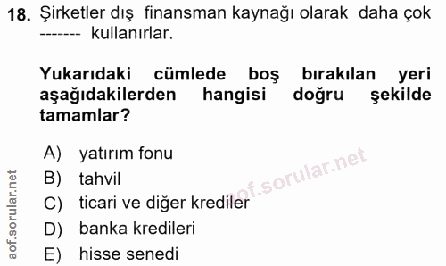 18. soru: Şirketler dış finansman kaynağı olarak daha çok kullanırlar. Yukarıdaki cümlede boş bırakılan yeri aşağıdakilerden ha…