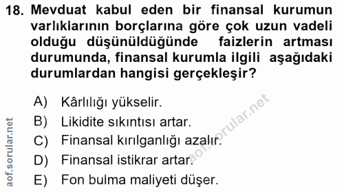 18. soru: Mevduat kabul eden bir finansal kurumun varlıklarının borçlarına göre çok uzun vadeli olduğu düşünüldüğünde faizlerin…