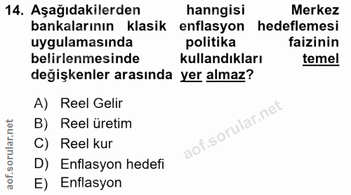 14. soru: Aşağıdakilerden hangisi Merkez bankalarının klasik enflasyon hedeflemesi uygulamasında politika faizinin belirlenmesi…