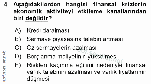 4. soru: Aşağıdakilerden hangisi finansal krizlerin ekonomik aktiviteyi etkileme kanallarından biri değildir? A) Kredi daralma…