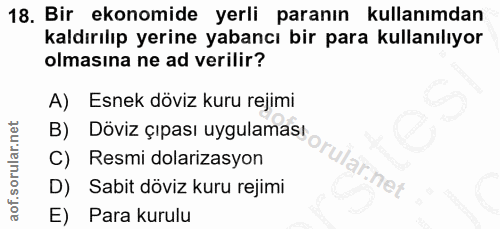 18. soru: Bir ekonomide yerli paranın kullanımdan kaldırılıp yerine yabancı bir para kullanılıyor olmasına ne ad verilir? B) Dö…