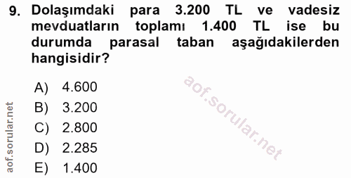 9. soru: Dolaşımdaki para 3.200 TL ve vadesiz mevduatların toplamı 1.400 TL ise bu durumda parasal taban aşağıdakilerden hangi…