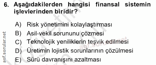 6. soru: Aşağıdakilerden hangisi finansal sistemin işlevlerinden biridir? A) Risk yönetimini kolaylaştırması B) Asil-vekil sor…