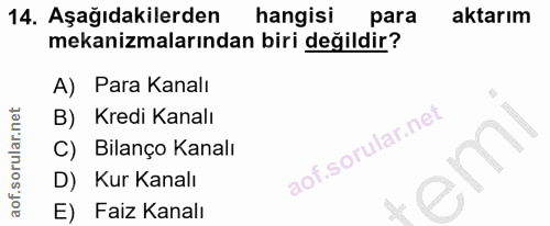 14. soru: Aşağıdakilerden hangisi para aktarım mekanizmalarından biri değildir? A) Para Kanalı B) Kredi Kanalı C) Bilanço Kanal…