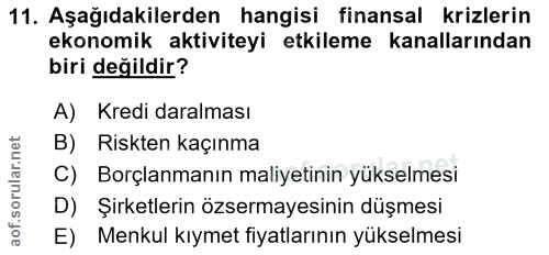 11. soru: Aşağıdakilerden hangisi finansal krizlerin ekonomik aktiviteyi etkileme kanallarından biri değildir? A) Kredi daralma…