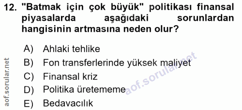 12. soru: "Batmak için çok büyük" politikası finansal piyasalarda aşağıdaki sorunlardan hangisinin artmasına neden olur? A) Ahl…