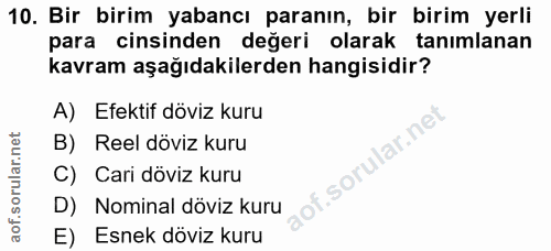 10. soru: Bir birim yabancı paranın, bir birim yerli para cinsinden değeri olarak tanımlanan kavram aşağıdakilerden hangisidir?…