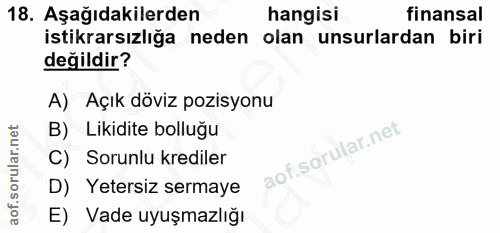 18. soru: Aşağıdakilerden hangisi finansal istikrarsızlığa neden olan unsurlardan biri değildir? A) Açık döviz pozisyonu B) Lik…