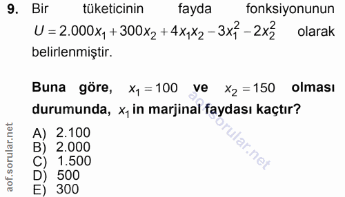 9. soru: Bir tüketicinin tayda fonksiyonunun U=2.000xy+300x2+4x,x2-3x3-222 olarak belirlenmiştir. Buna göre, xp=100| ye X2 =15…