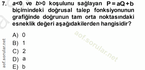 7. soru: a<o ve b>0 koşulunu sağlayan P=aQ+b biçimindeki doğrusal talep fonksiyonunun grafiğinde doğrunun tam orta noktasındak…